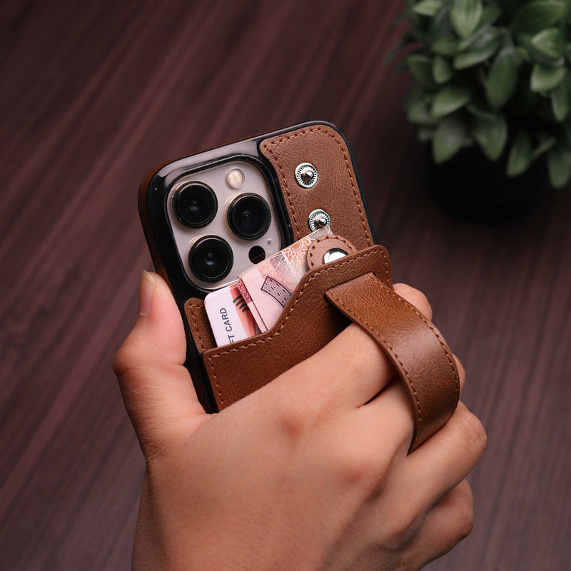 Dark Brown Leather Case with Card Slot and Strap Grip - كفر ومحفظة ومسكة وستاند