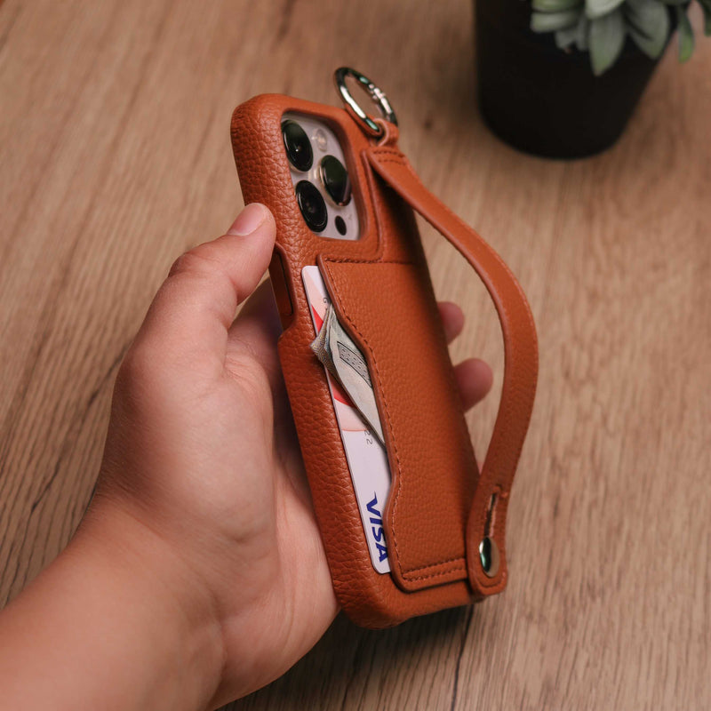 Leather Case with Card Slot and Wrist Strap - Brown - كفر مع محفظة للبطاقات ومسكة شريطة وستاند