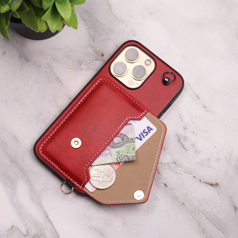 Red Leather Wallet Case with Card Slot and Lanyard - كفر مع محفظة للبطاقات والكاش وخيط علاقة