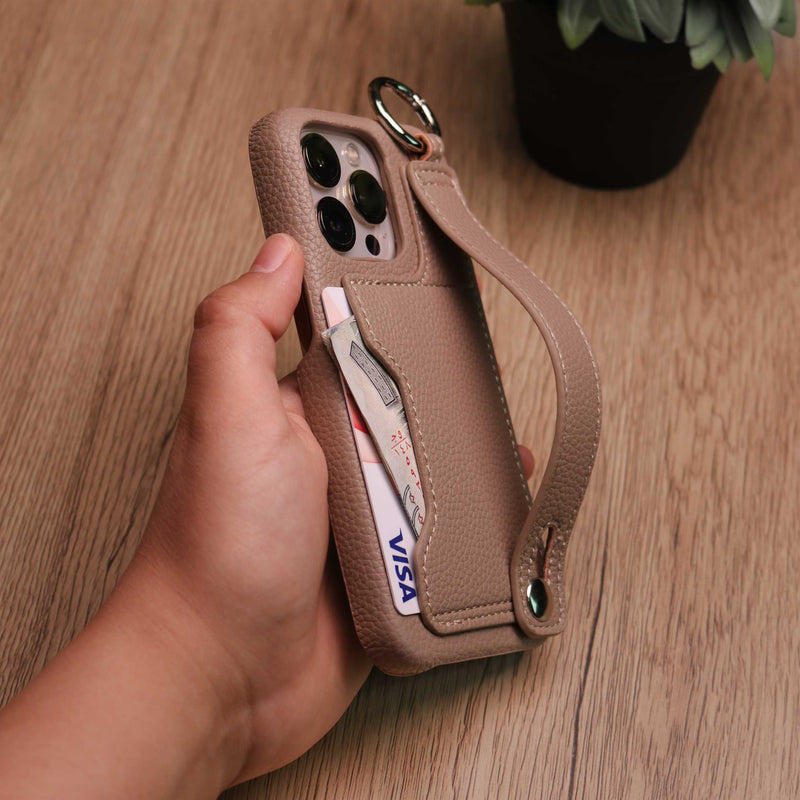 Leather Case with Card Slot and Wrist Strap - Beige - كفر مع محفظة للبطاقات ومسكة شريطة وستاند
