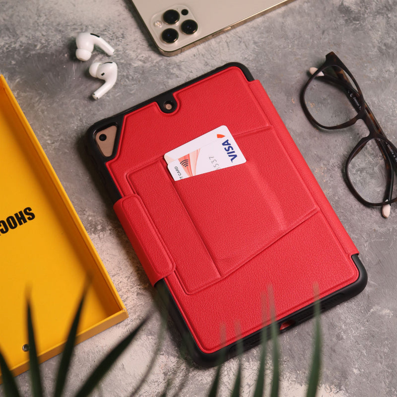 Red iPad Case with Stand, Card and Pen Slot - كفر حماية ايباد مع ستاند ومكان للبطاقات والقلم