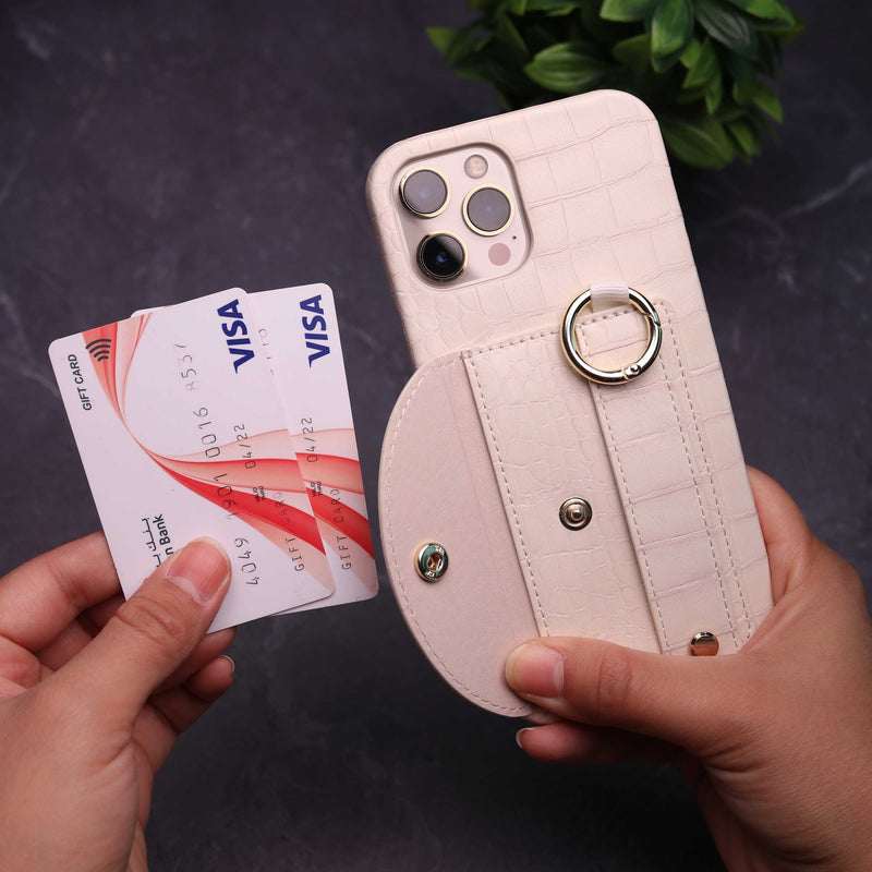 White Crocodile Pattern Wallet Case with Grip - كفر مع ستاند و مسكة شريطة وميدالية ومحفظة للبطاقات