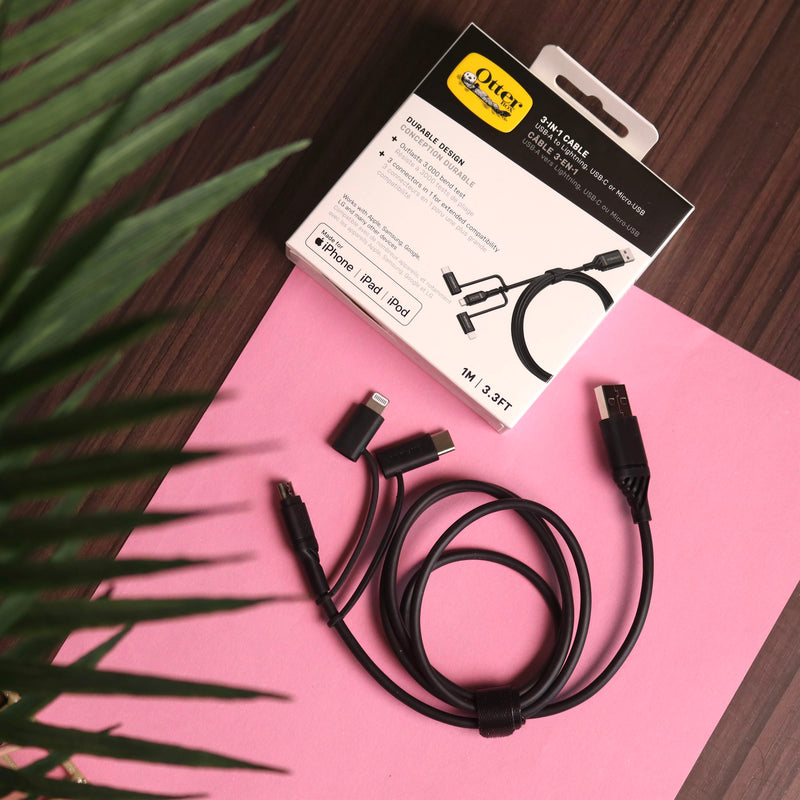 OtterBox 3-in-1 USBA-Micro/Lightning/USB-C Cable - Black [V] - سلك شحن - 3 في 1 - اوتربوكس - كفالة 5 سنين