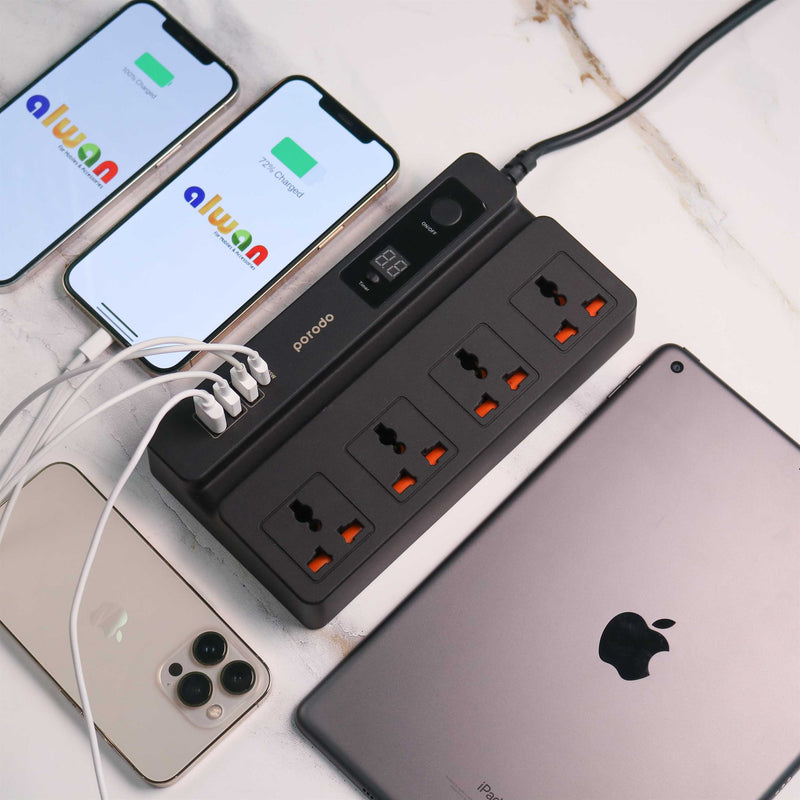 Porodo 4 AC 3 USB & USB-C PD 35W Multiport Socket - 3M - 3000W - موزع شاحن حائط دولي - طول 3 متر - كفالة 24 شهر