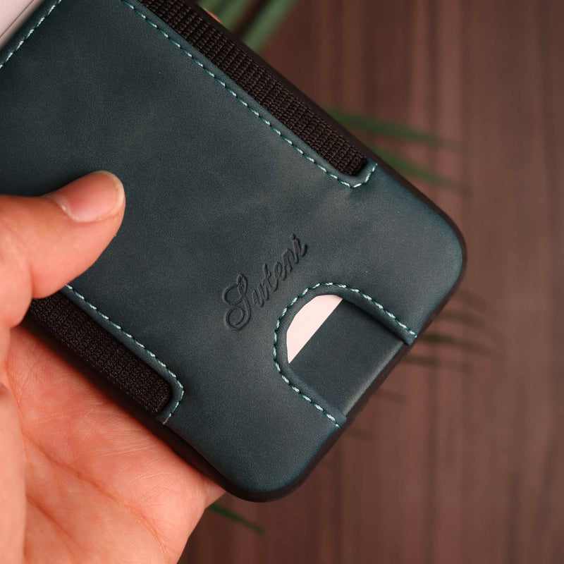 Green Leather Case with Back Card Slots - كفر جلد مع محفظة للبطاقات بالخلف