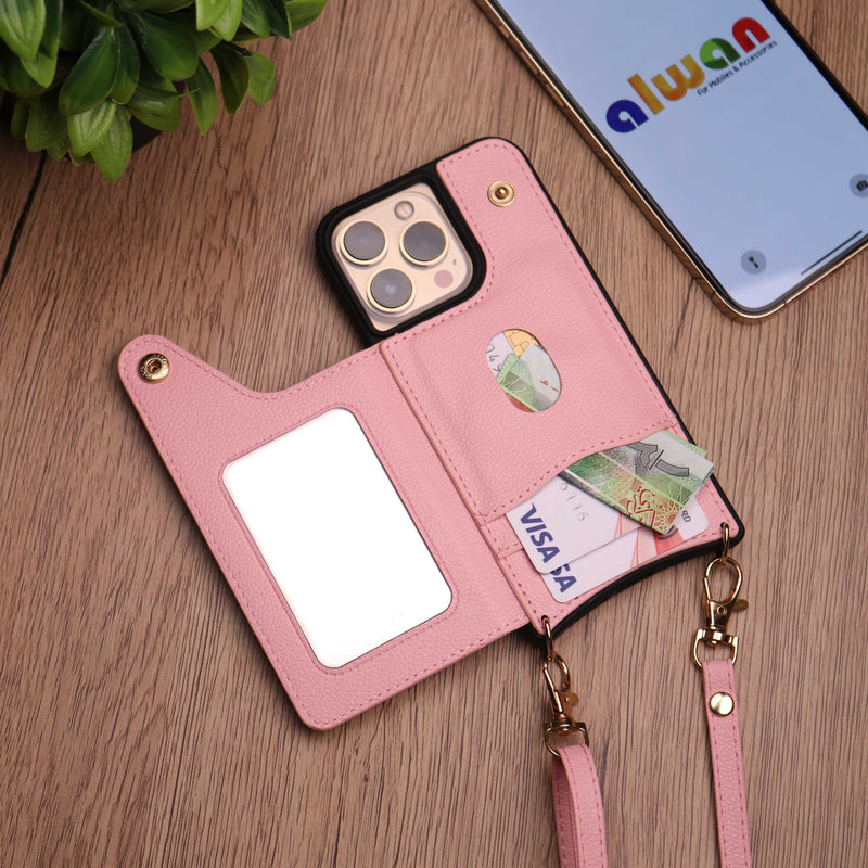 Pink Wallet Leather Case with Mirror, Card Slot and Lanyard - كفر مع مراية ومكان للبطاقات وخيط علاقة