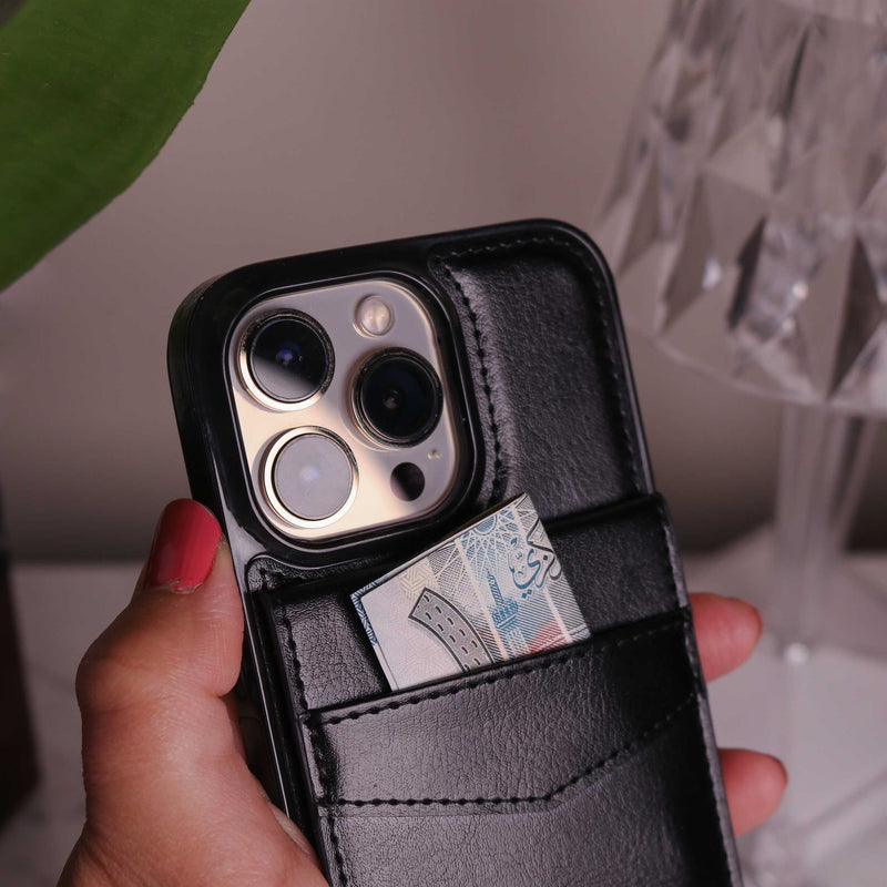 Black Leather Phone Case with Wallet Card - كفر مع محفظة للبطاقات والنقود وستاند جانبي