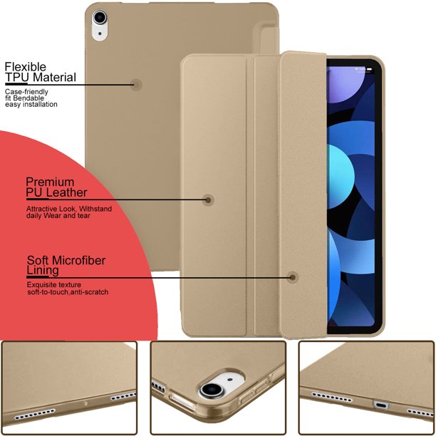 KAKU Leather Case with Pencil Slot for iPad - Gold - كفر ايباد - ستاند - مع مكان للقلم