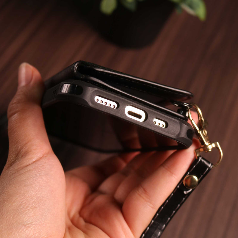 Black Leather Wallet Phone Case with Lanyard Strap - كفر حماية مع محفظة للبطاقات والفلوس وخيط علاقة
