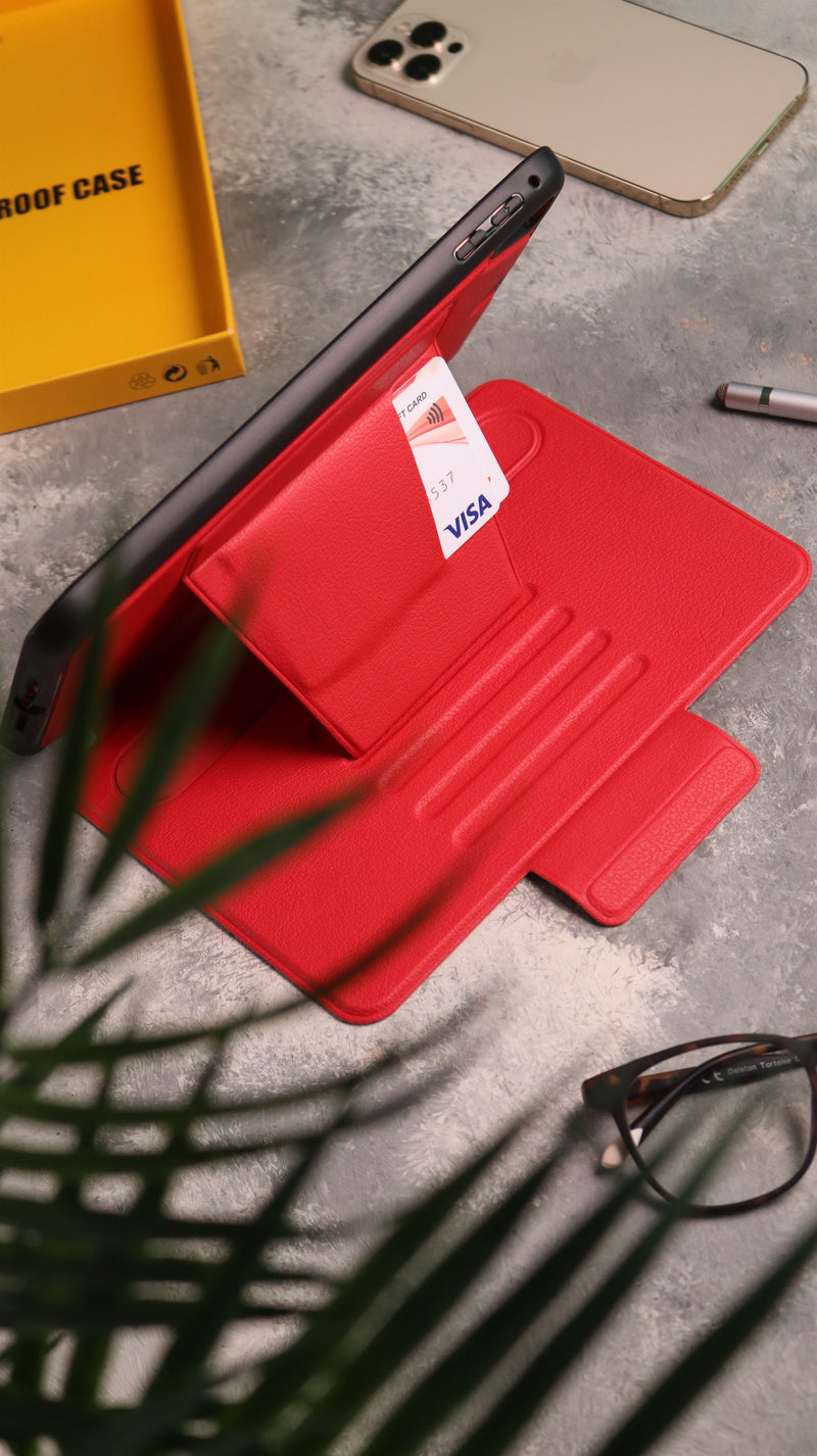 Red iPad Case with Stand, Card and Pen Slot - كفر حماية ايباد مع ستاند ومكان للبطاقات والقلم