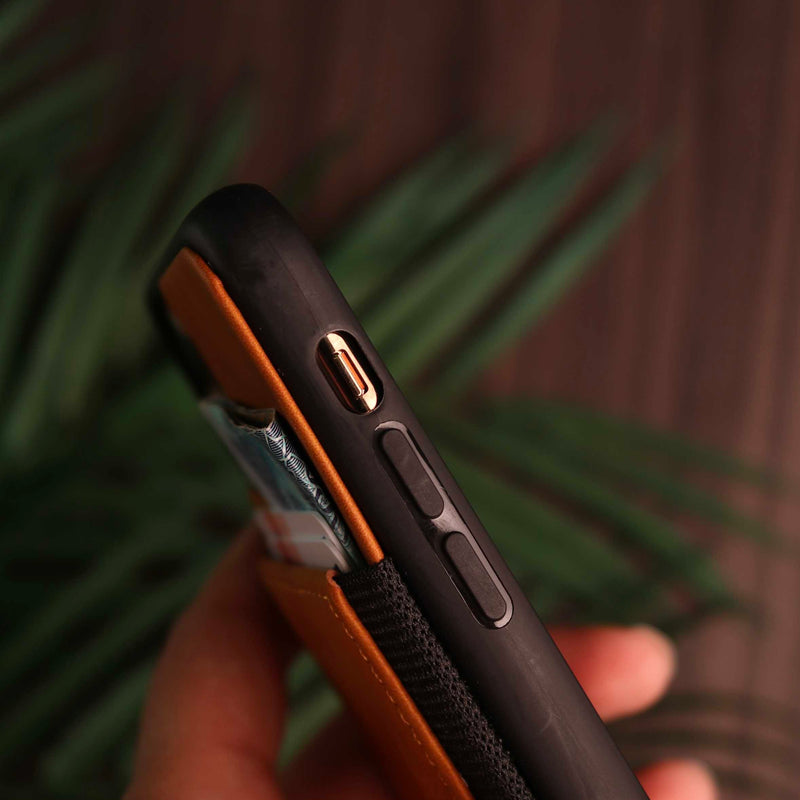 Brown Leather Case with Back Card Slots - كفر جلد مع محفظة للبطاقات بالخلف