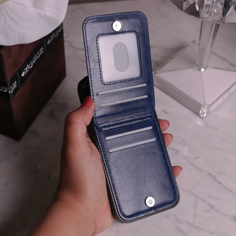 Dark Blue Leather Phone Case with Wallet Card - كفر مع محفظة للبطاقات والنقود وستاند جانبي