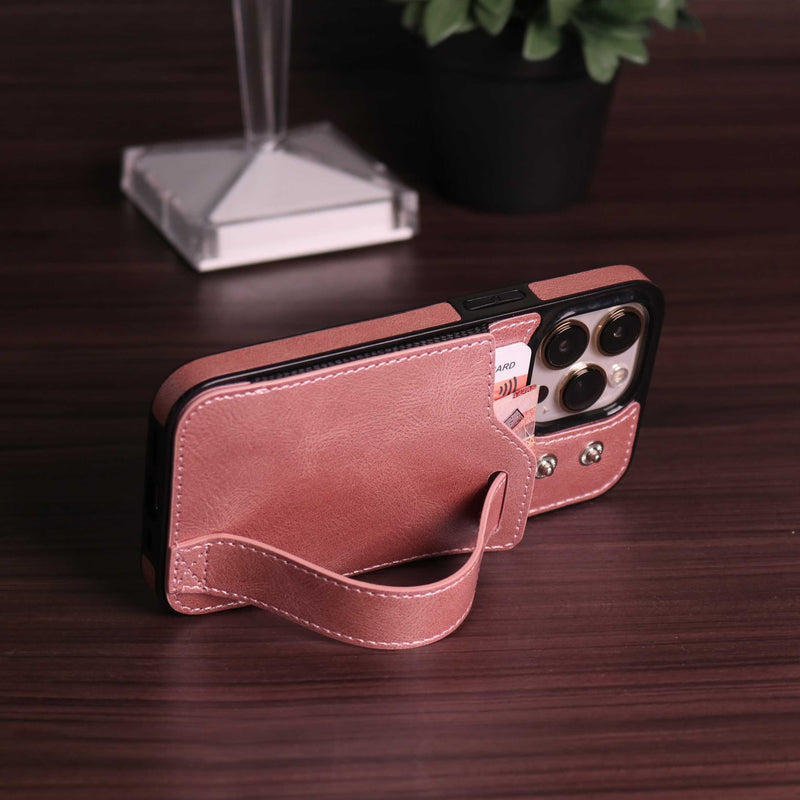 Pink Leather Case with Card Slot and Strap Grip - كفر ومحفظة ومسكة وستاند
