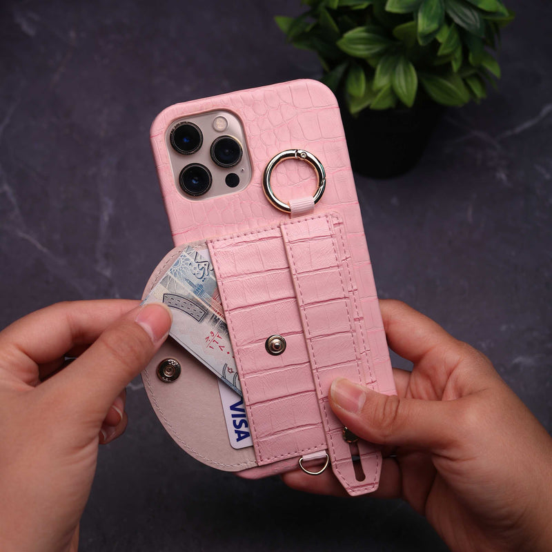 Pink Crocodile Pattern Wallet Case with Grip - كفر مع ستاند و مسكة شريطة وميدالية ومحفظة للبطاقات