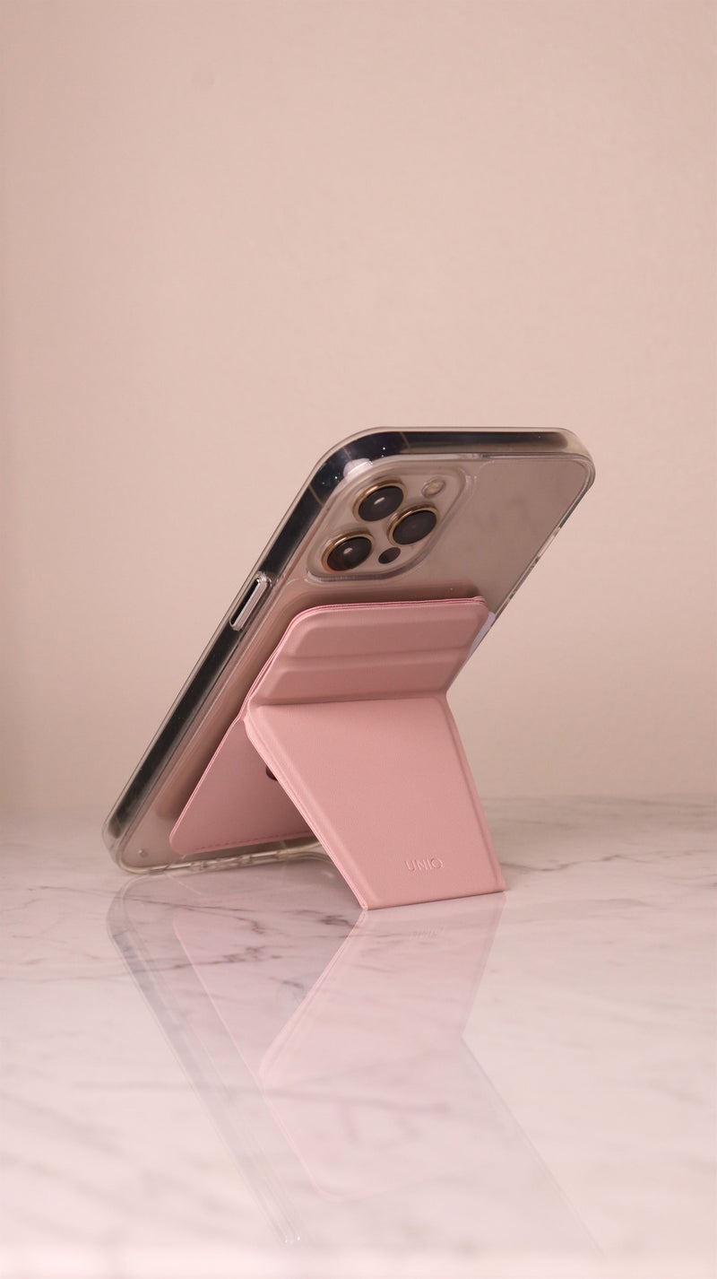 Uniq Lyft Magnetic Phone Stand & Card Holder - Pink - مسكة وستاند جانبي ورأسي ومحفظة للبطاقات - يونيك