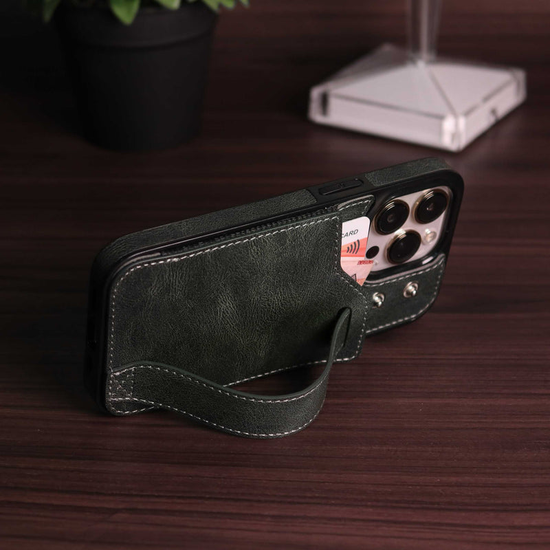 Dark Green Leather Case with Card Slot and Strap Grip - كفر ومحفظة ومسكة وستاند