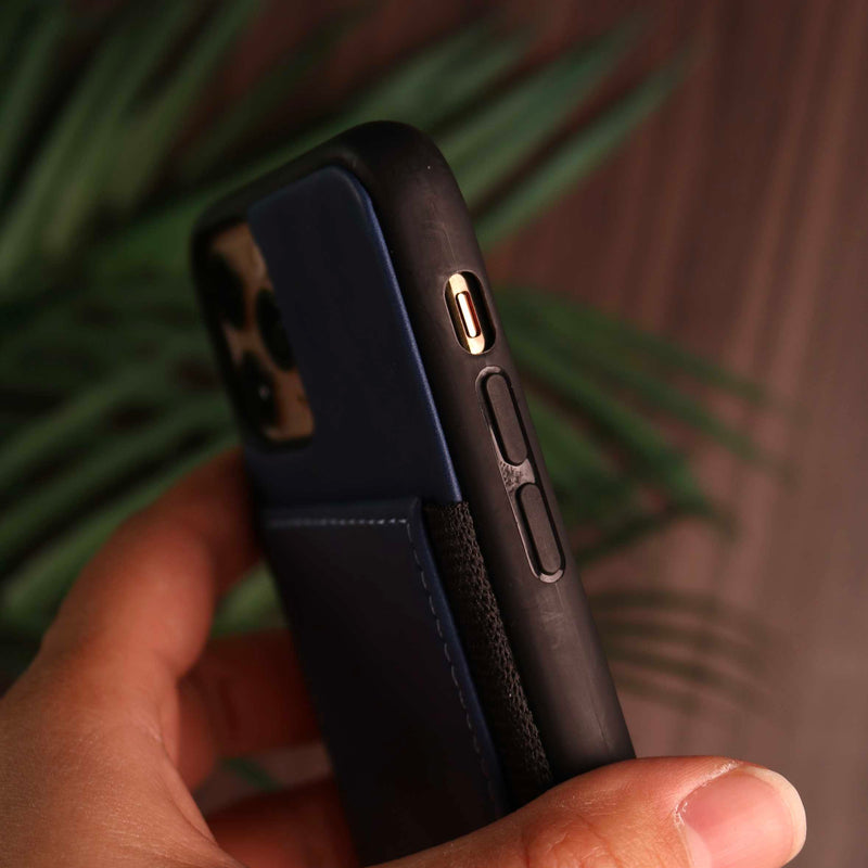 Blue Leather Case with Back Card Slots - كفر جلد مع محفظة للبطاقات بالخلف