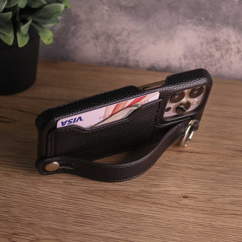 Leather Case with Card Slot and Wrist Strap - Black - كفر مع محفظة للبطاقات ومسكة شريطة وستاند