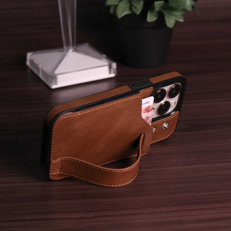 Dark Brown Leather Case with Card Slot and Strap Grip - كفر ومحفظة ومسكة وستاند