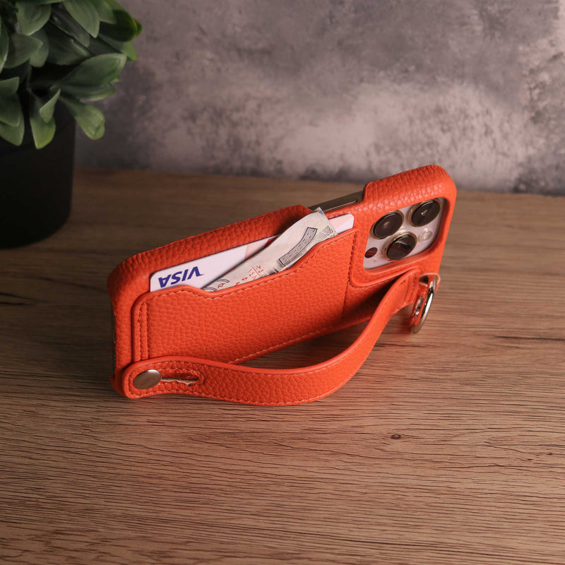 Leather Case with Card Slot and Wrist Strap - Orange - كفر مع محفظة للبطاقات ومسكة شريطة وستاند