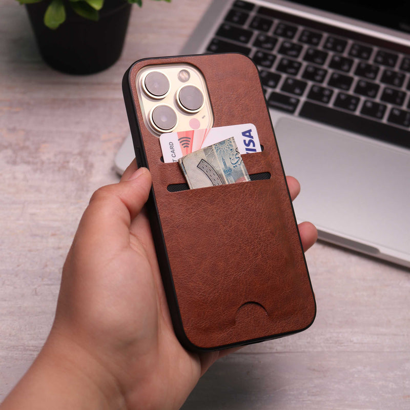 Leather Case with Two Back Card Slot - Brown - كفر جلد مع محفظة للبطاقات والنقود