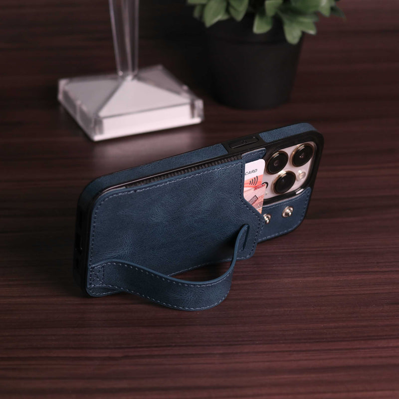 Dark Blue Leather Case with Card Slot and Strap Grip - كفر ومحفظة ومسكة وستاند