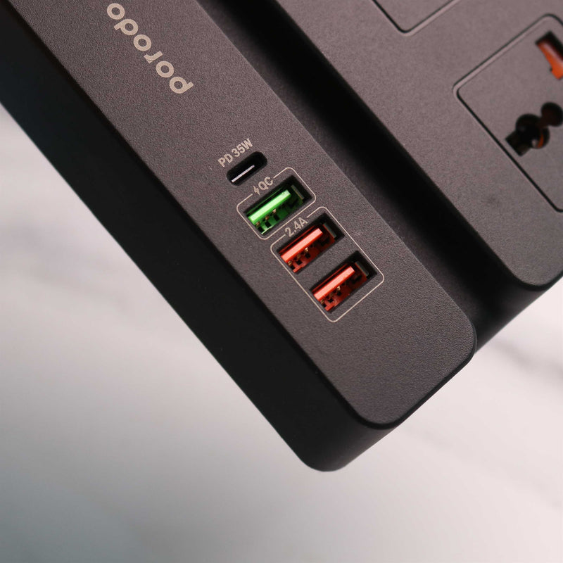 Porodo 4 AC 3 USB & USB-C PD 35W Multiport Socket - 3M - 3000W - موزع شاحن حائط دولي - طول 3 متر - كفالة 24 شهر