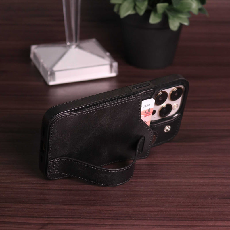 Black Leather Case with Card Slot and Strap Grip - كفر ومحفظة ومسكة وستاند