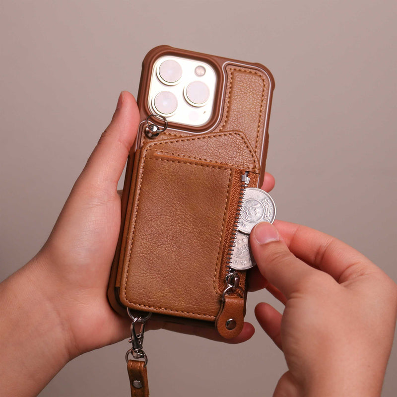 Brown Wallet Case with Lanyard and Zipper - كفر مع محفظة للبطاقات والكاش والخردة وخيط علاقة