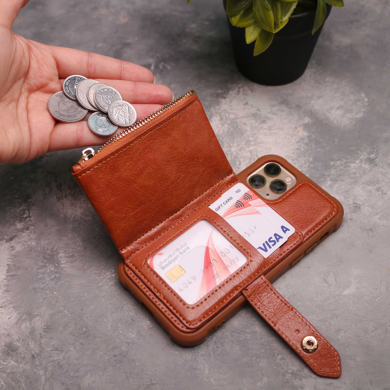 Brown Wallet Case with Zipper - كفر مع محفظة للبطاقات والكاش وجيب للخردة