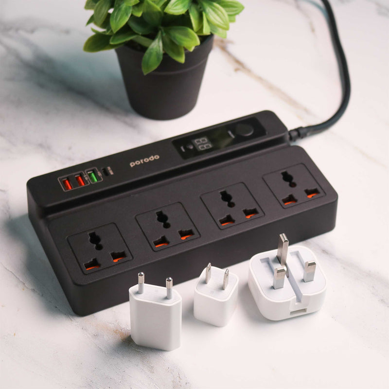 Porodo 4 AC 3 USB & USB-C PD 35W Multiport Socket - 3M - 3000W - موزع شاحن حائط دولي - طول 3 متر - كفالة 24 شهر