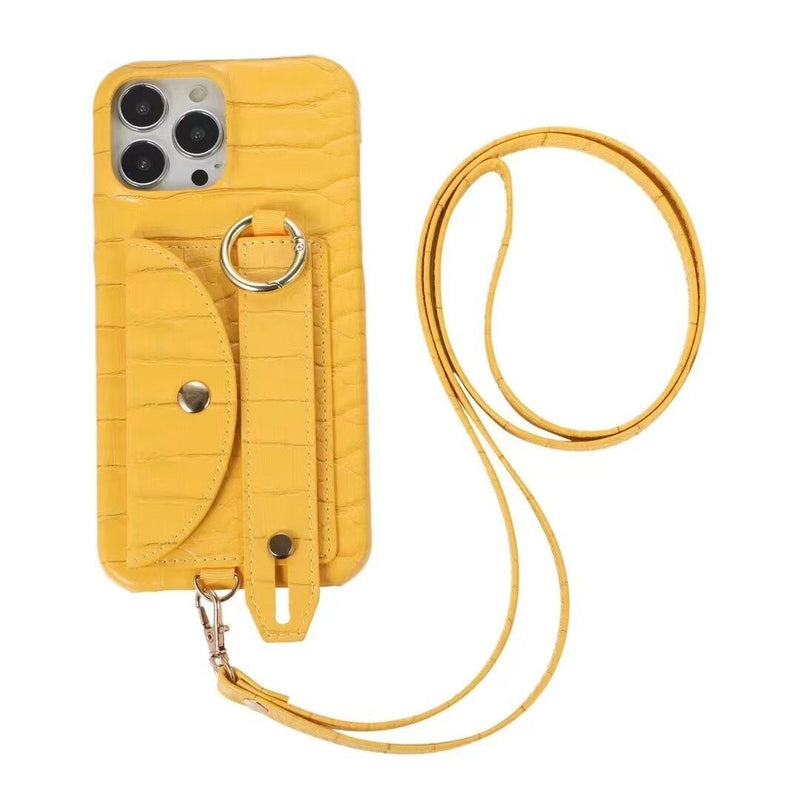 Yellow Crocodile Pattern Wallet Case with Grip - كفر مع ستاند و مسكة شريطة وميدالية ومحفظة للبطاقات