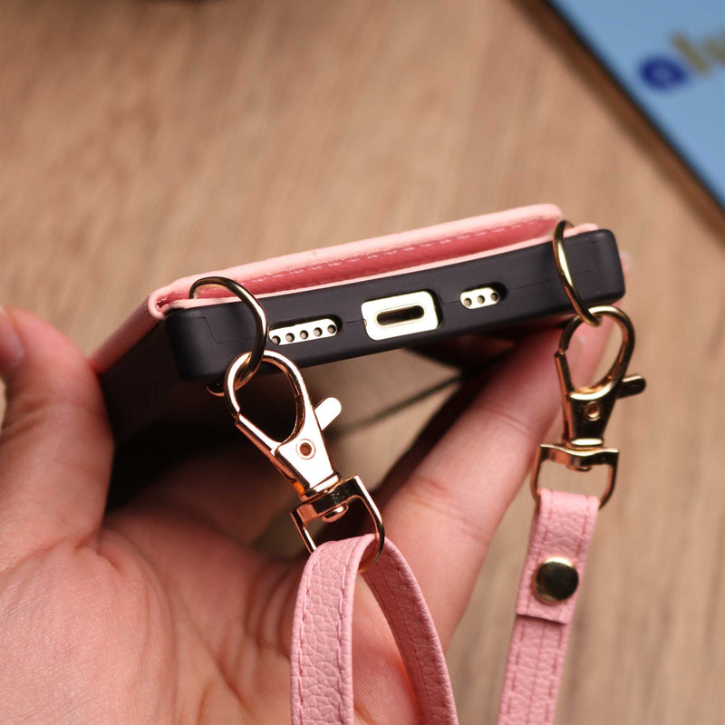 Pink Wallet Leather Case with Mirror, Card Slot and Lanyard - كفر مع مراية ومكان للبطاقات وخيط علاقة