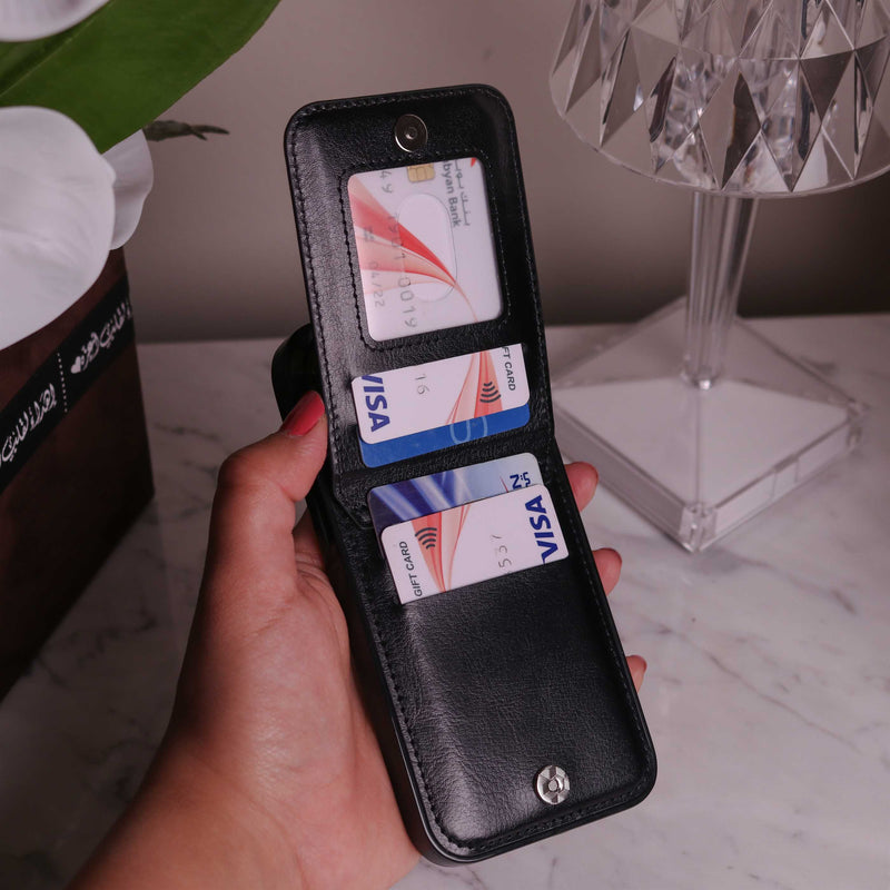Black Leather Phone Case with Wallet Card - كفر مع محفظة للبطاقات والنقود وستاند جانبي