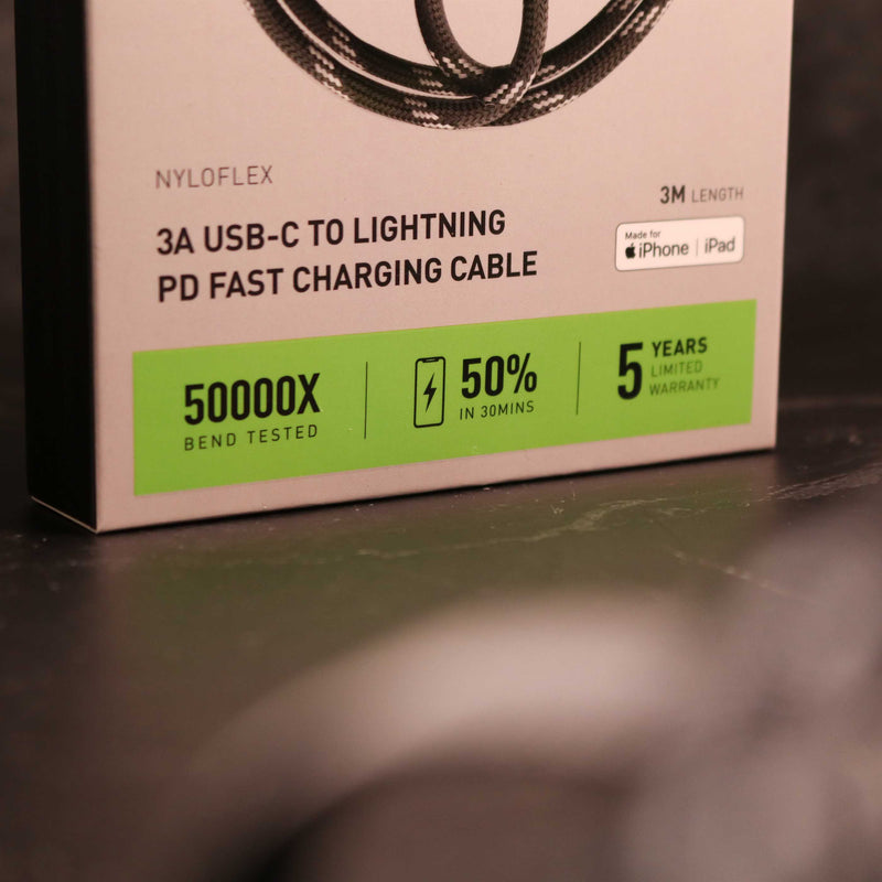 Energea Nyloflex USB-C to Lightning Cable - Black - 3M - سلك شحن ايفون تايب سي - انيرجيا - طول 3 متر - كفالة 5 سنين