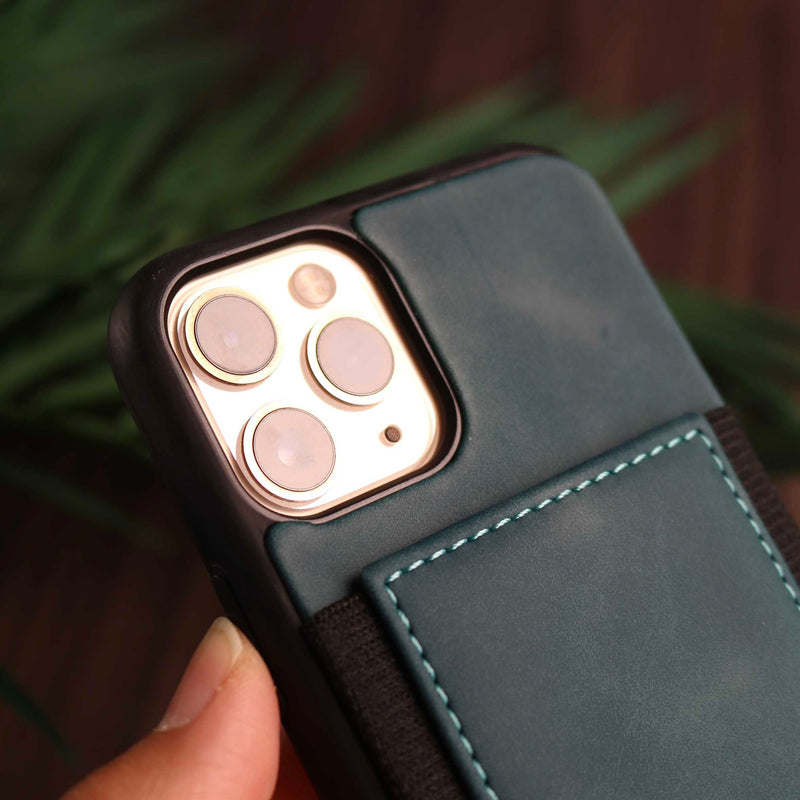 Green Leather Case with Back Card Slots - كفر جلد مع محفظة للبطاقات بالخلف