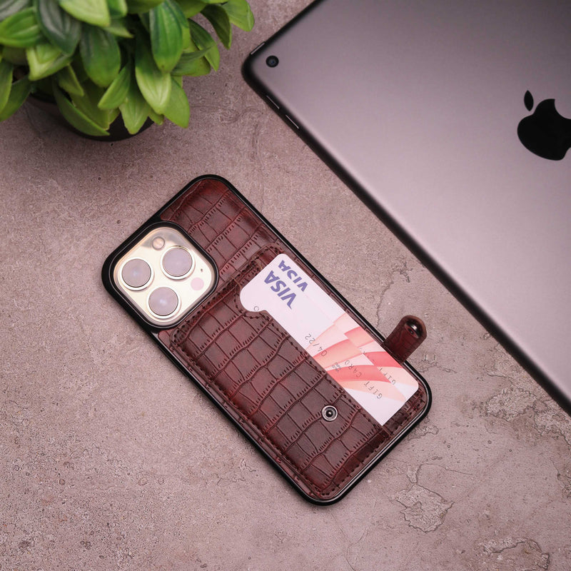 Crocodile Leather Case with Card Slot and Stand - Brown -  كفر جلد مع محفظة للبطاقات والنقود وستاند