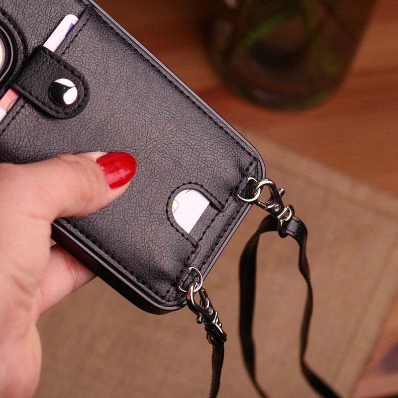 Leather Black Case with Back Card Slot and Strap - كفر جلد مع محفظة للبطاقات مع خيط علاقة