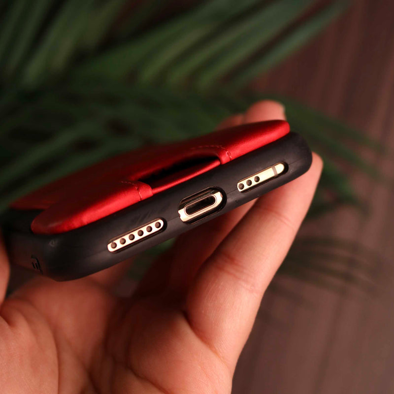 Red Leather Case with Back Card Slots - كفر جلد مع محفظة للبطاقات بالخلف