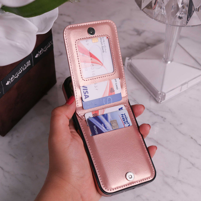 Rose Gold Leather Phone Case with Wallet Card - كفر مع محفظة للبطاقات والنقود وستاند جانبي
