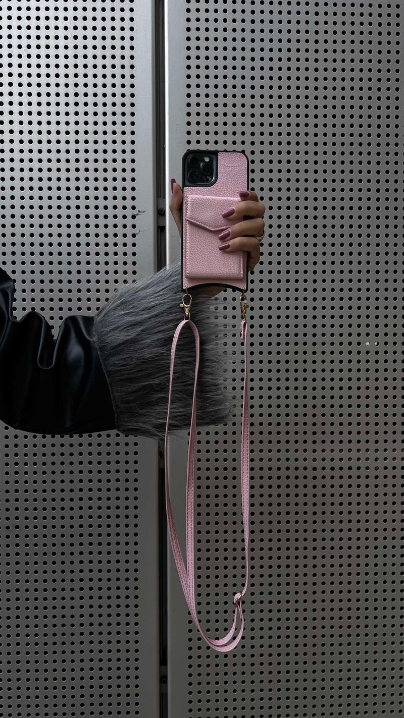 Pink Leather Case with Mirror, Card Wallet and Strap Lanyard - كفر جلد مع محفظة للبطاقات ومرايا وخيط علاقة