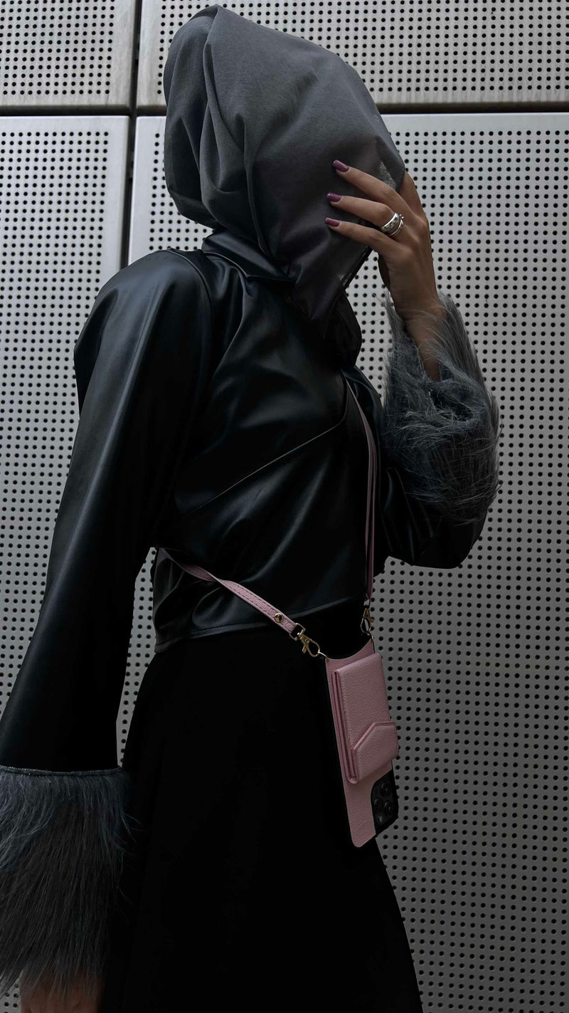 Pink Leather Case with Mirror, Card Wallet and Strap Lanyard - كفر جلد مع محفظة للبطاقات ومرايا وخيط علاقة