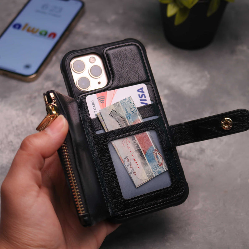 Black Wallet Case with Zipper - كفر مع محفظة للبطاقات والكاش وجيب للخردة