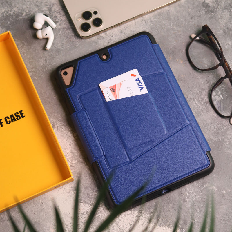 Blue iPad Case with Stand, Card and Pen Slot - كفر حماية ايباد مع ستاند ومكان للبطاقات والقلم