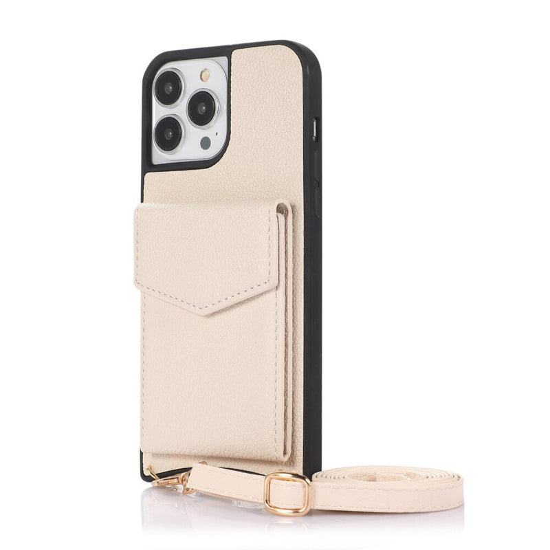 Off-White Leather Case with Mirror, Card Wallet and Strap Lanyard - كفر جلد مع محفظة للبطاقات ومرايا وخيط علاقة