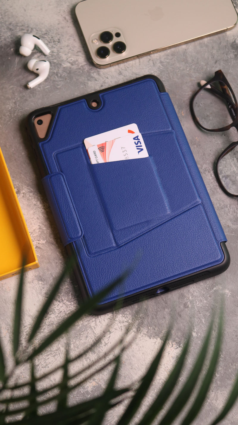 Blue iPad Case with Stand, Card and Pen Slot - كفر حماية ايباد مع ستاند ومكان للبطاقات والقلم