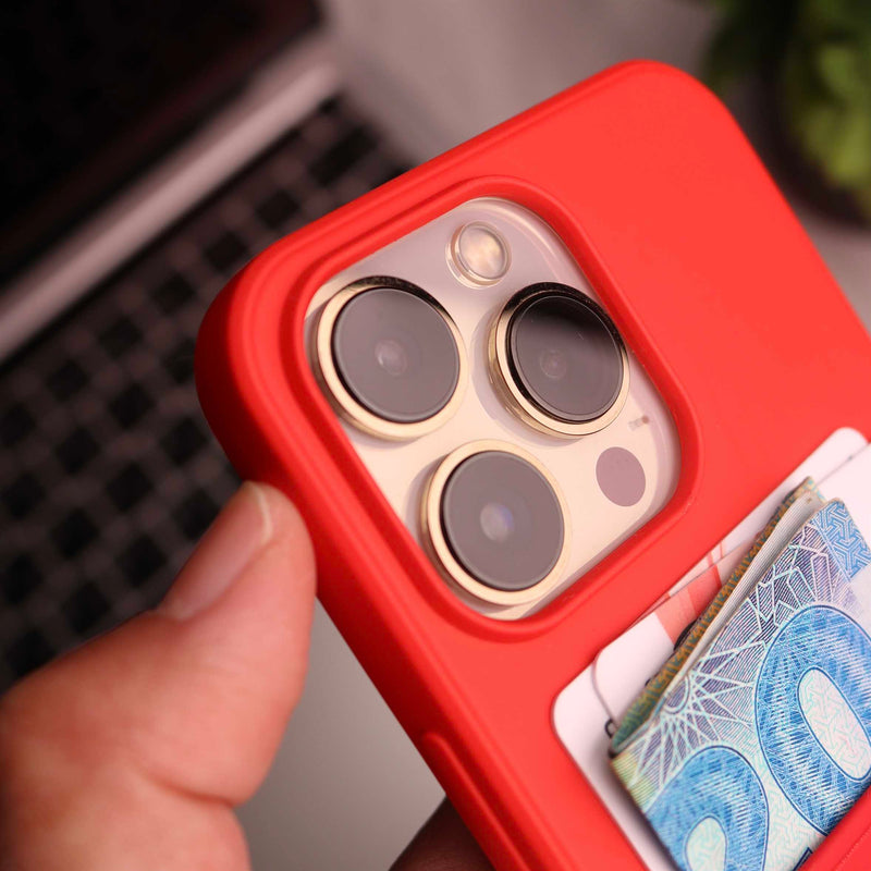 Red Soft Silicone Wallet Card Phone Case - كفر مع محفظة للبطاقات بالخلف