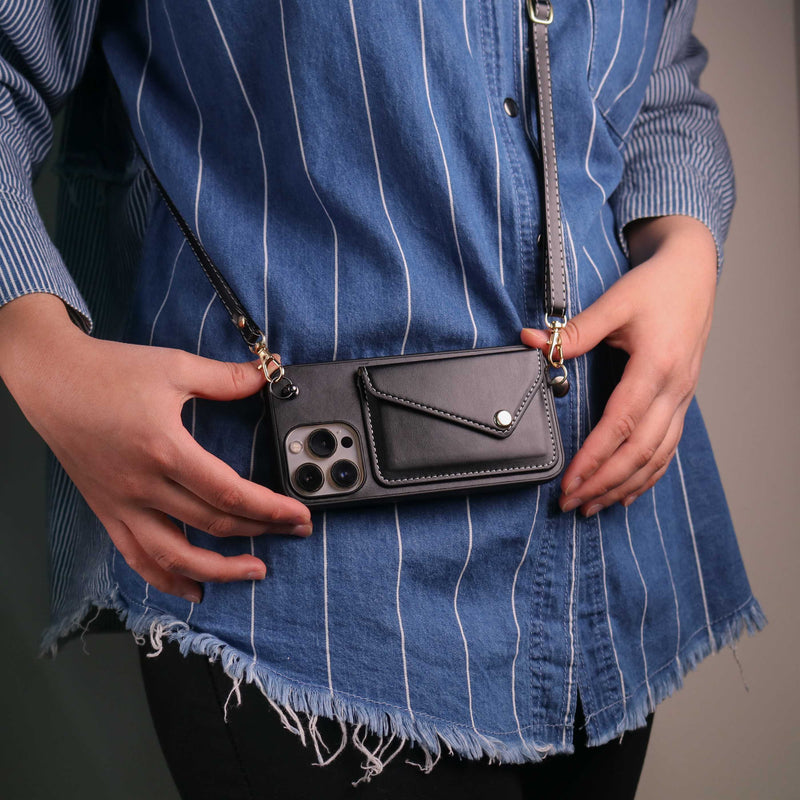 Black Leather Wallet Case with Card Slot and Lanyard - كفر مع محفظة للبطاقات والكاش وخيط علاقة
