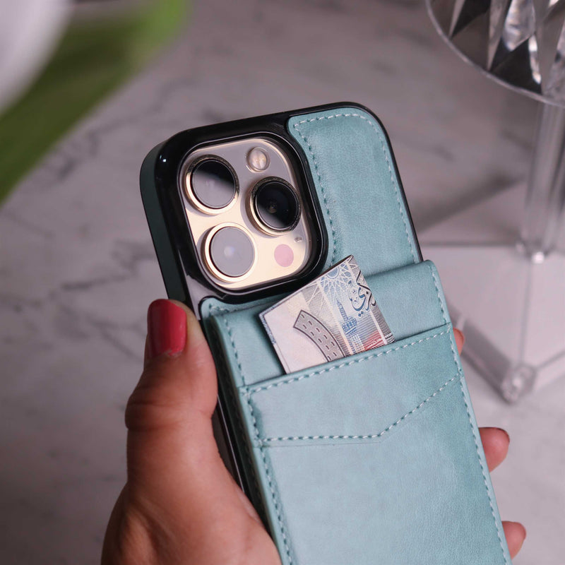 Light Green Leather Phone Case with Wallet Card - كفر مع محفظة للبطاقات والنقود وستاند جانبي