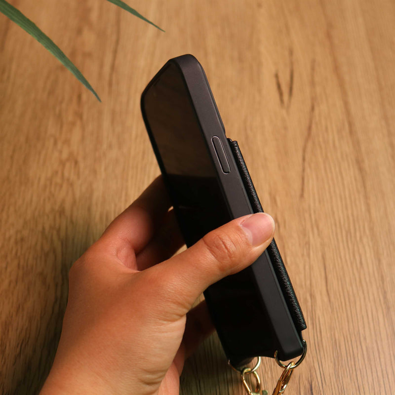 Black Wallet Leather Case with Mirror, Card Slot and Lanyard - كفر مع مراية ومكان للبطاقات وخيط علاقة
